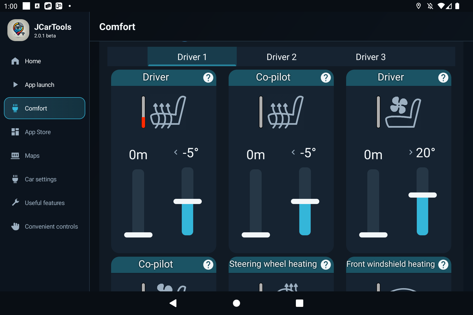 Configuring seat heating and ventilation automations by outside temperature for different drivers in JCarTools