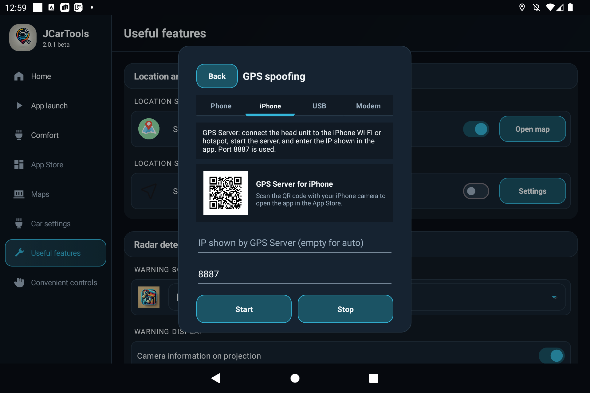 English iPhone tab in JCarTools GPS spoofing with GPS Server QR code IP address and port 8887