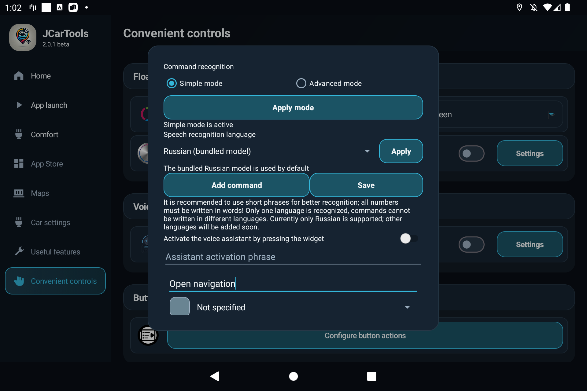 Selecting a JCarTools voice-command action for the instrument cluster, head unit, sunshade or driver profile